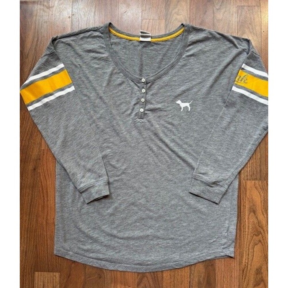 Victoria’s Secret Love Pink Henley Sleep Shirt Long Sleeve Small Striped Yellow‎